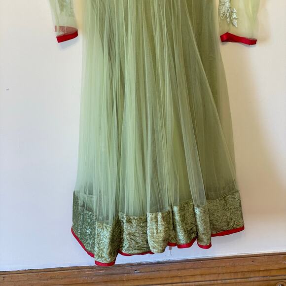 Churidar M long sleeve Indian maxi dress chiffon floral embroidered green sheer - Picture 6 of 6